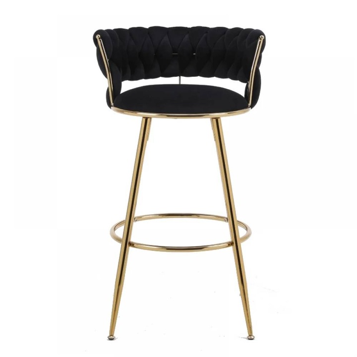 Set 2 Scaune Bar Premium, Design Modern Cu Spatar Impletit, Tapiterie Catifea Confortabila, Scaun Bar Cu Cadrul Metalic Solid Cu Suport Picioare Auriu, Stil Elegant Pentru Bucatarie, Insula Sau Living, Scaun Bar Negru