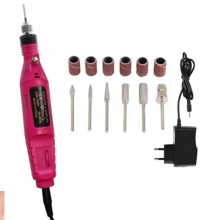 Пила за нокти, маникюр, педикюр, Elithen, 20000 об./мин., 6 шлифовъчни ленти, 6 глави за пилене, амарантово червено