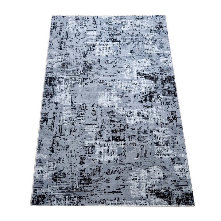 Covor Antiderapant Hilton, Gri cu Negru, Poliester, 80 x 150 cm