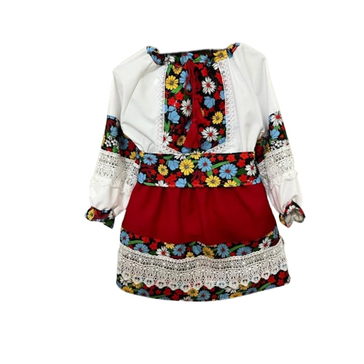 Costum popular pentru fete, multicolor cu floricele, 3 piese, 9 ani