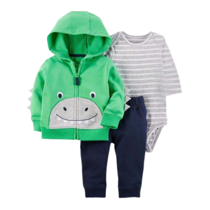 Compleu 3 piese, cu gluga, Dinozaur 3D, Bubu-Still, verde