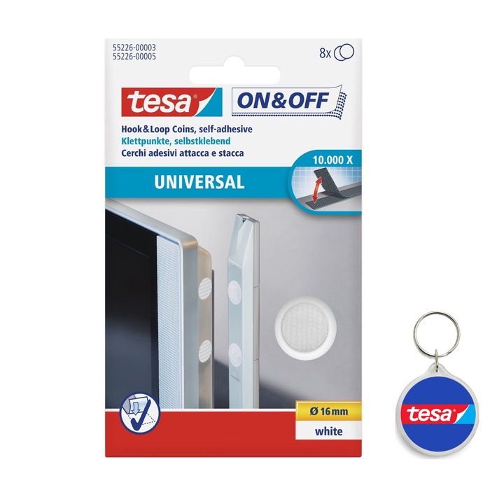 Set banda velcro (8 buc) On & Off, buline, Ø 16 mm si breloc Tesa, Alb