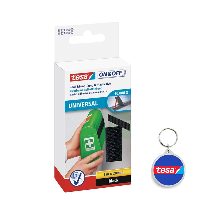 Set banda velcro On & Off, 20 mm, L 1 m si breloc Tesa, negru