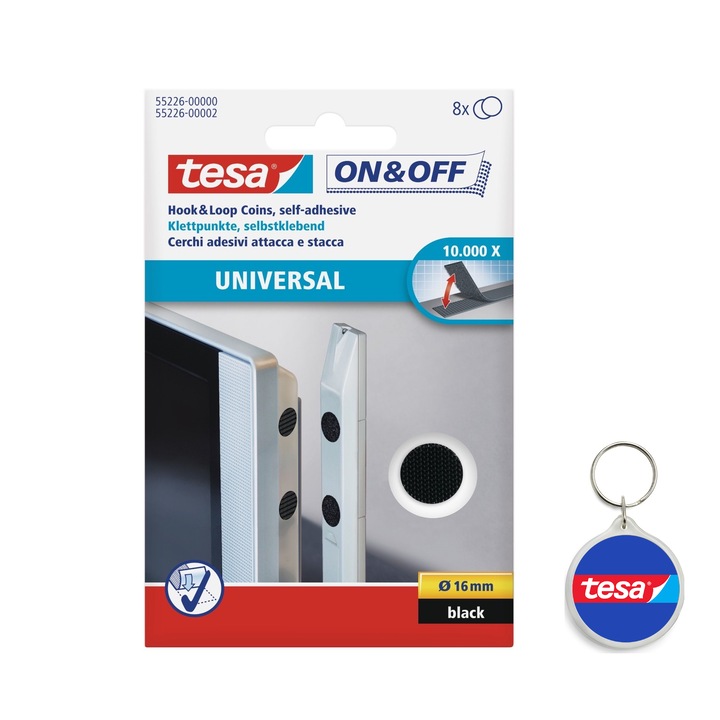 Set banda velcro (8 buc) On & Off, buline, Ø 16 mm si breloc Tesa, negru