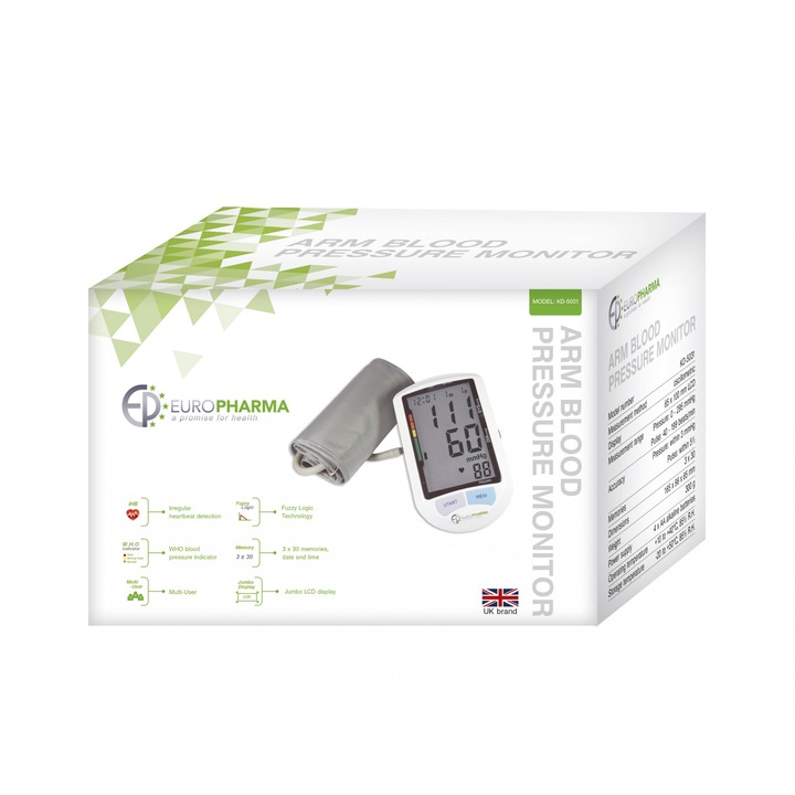Автоматичен Апарат за измерване на кръвно налягане и пулс Europharma Бял LCD Дисплей