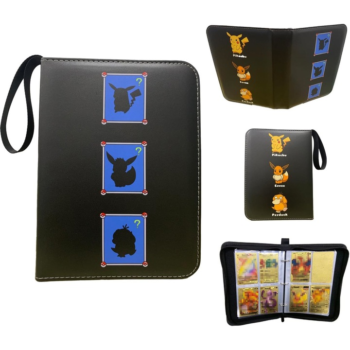 Portofel carduri, Piele ecologica, 4 buzunare, 50 foi, 400 carduri, Negru, Stil 2