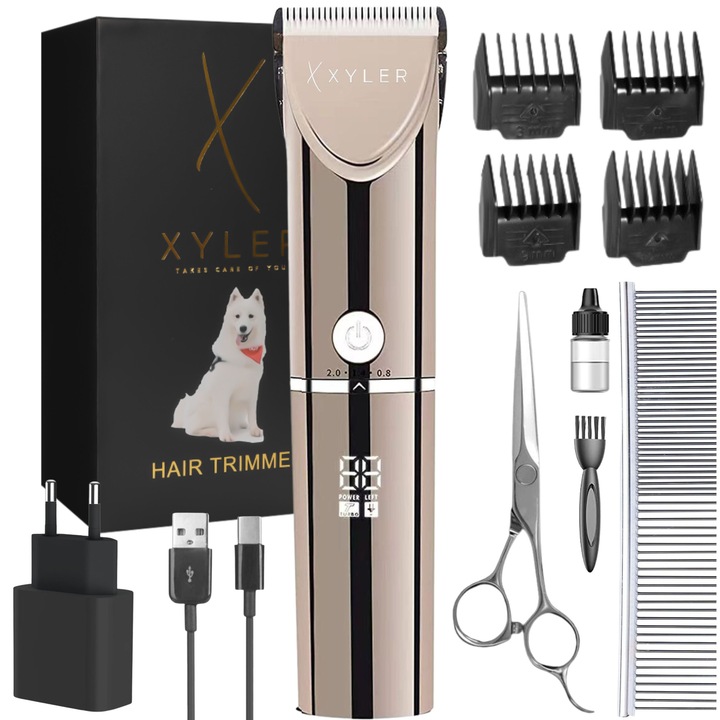 Masina Profesionala de tuns Animale Xyler®️, pentru Caini si Pisici, 5 Moduri, Mod Turbo, Display Led, Lama Ceramica si Titan, Cablu USB, Foarfeca, Pieptan, Adaptor si 4 Accesorii de Reglaj incluse, Gold