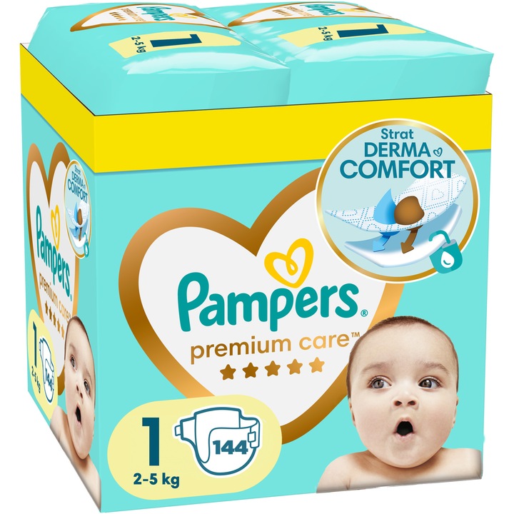 Scutece Pampers Premium Care XXL Box Nou Nascut, Marimea 1, 2-5 kg, 144 buc