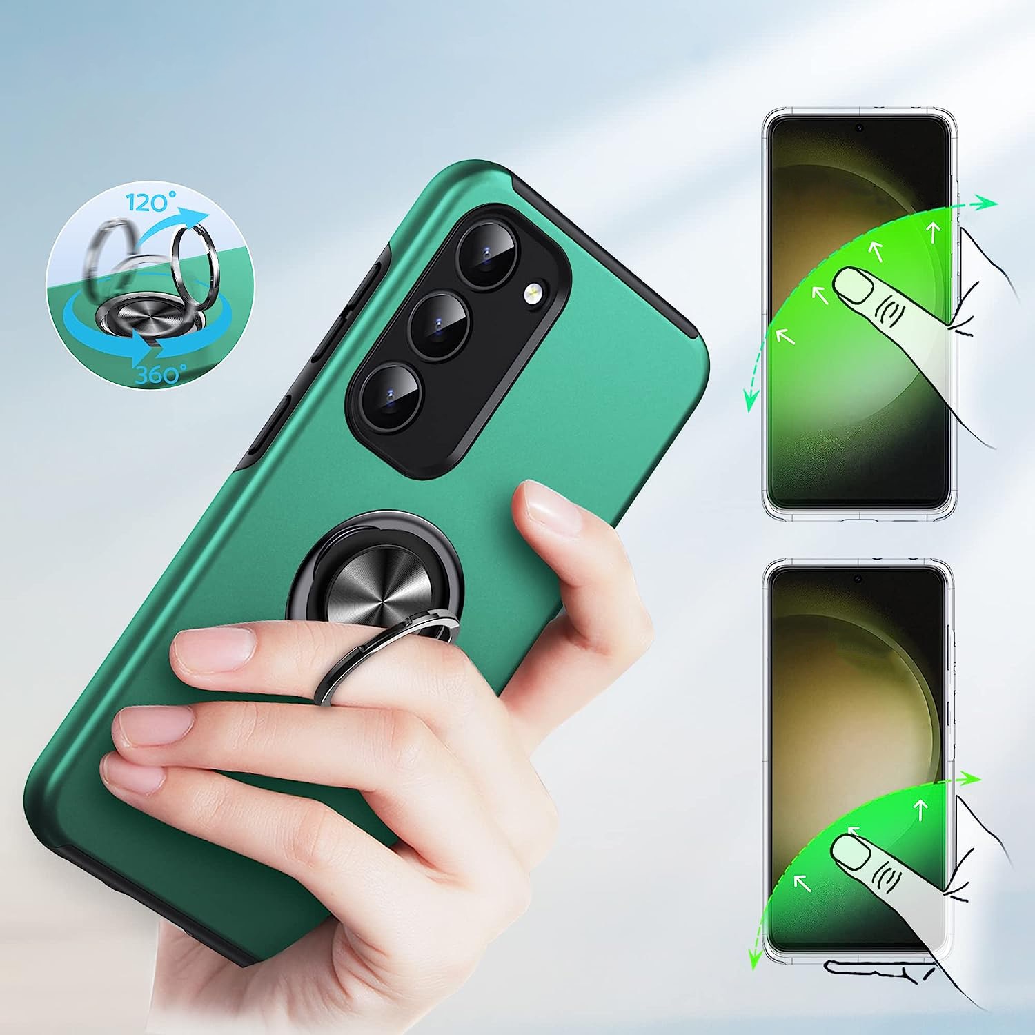 Husa pentru Samsung Galaxy S23, inel rotativ 360° si Kickstand, Protectie Militara Antisoc, cu disipare termica, Verde