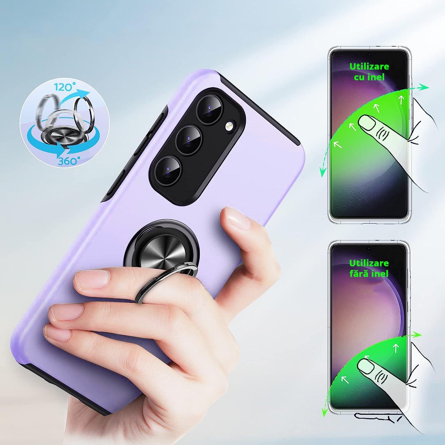 Husa pentru Samsung Galaxy S23, inel rotativ 360° si Kickstand, Protectie Militara Antisoc, cu disipare termica, Purple
