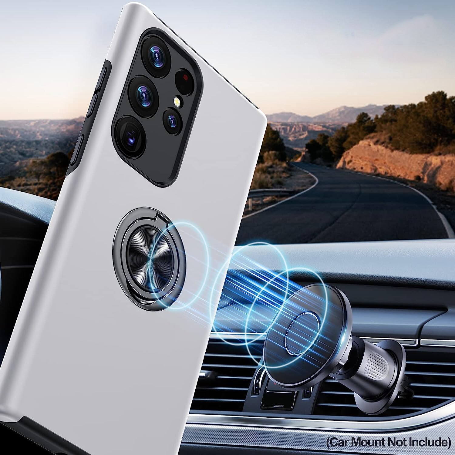 Husa pentru Samsung Galaxy S23 ULTRA, inel rotativ 360° si Kickstand, Protectie Militara Antisoc, cu disipare termica, Silver