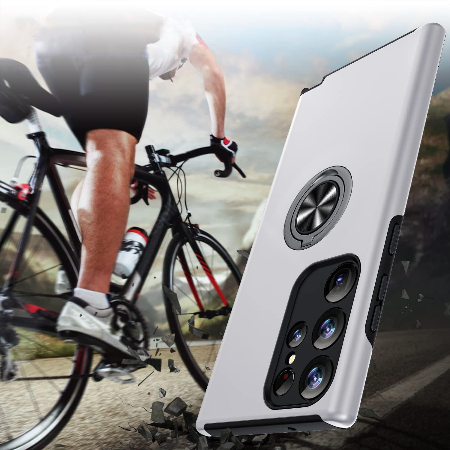 Husa pentru Samsung Galaxy S23 ULTRA, inel rotativ 360° si Kickstand, Protectie Militara Antisoc, cu disipare termica, Silver