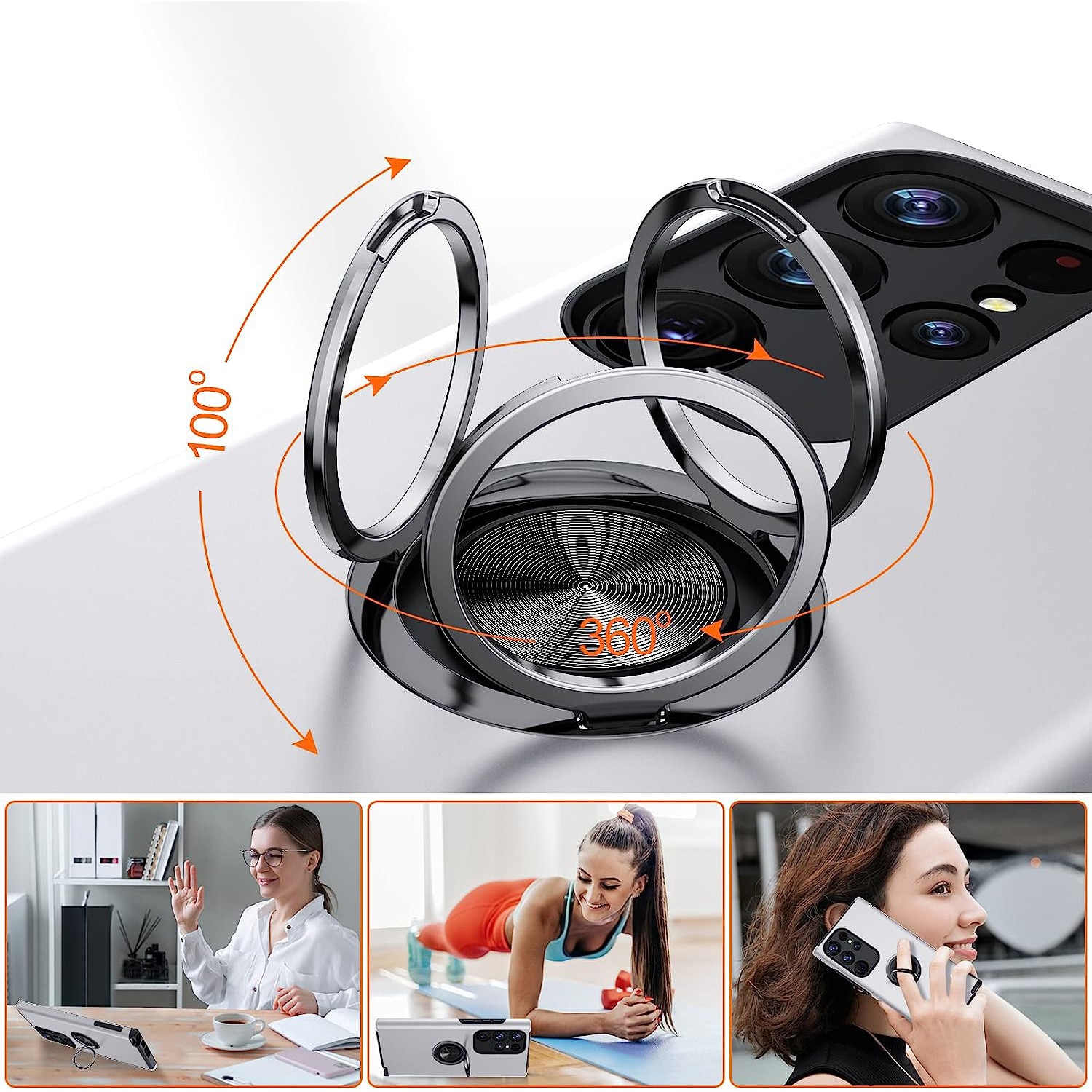 Husa pentru Samsung Galaxy S23 ULTRA, inel rotativ 360° si Kickstand, Protectie Militara Antisoc, cu disipare termica, Silver