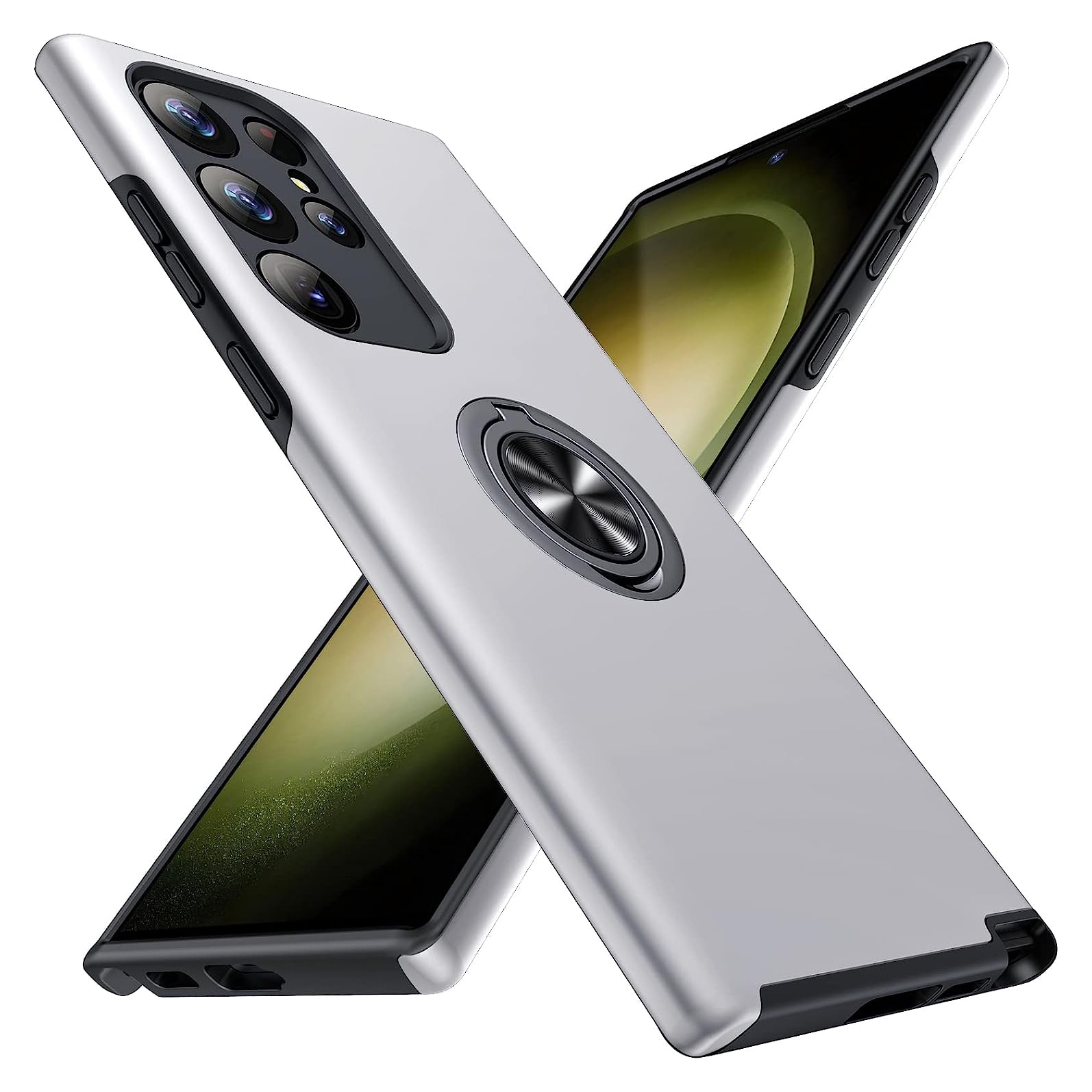 Husa pentru Samsung Galaxy S23 ULTRA, inel rotativ 360° si Kickstand, Protectie Militara Antisoc, cu disipare termica, Silver