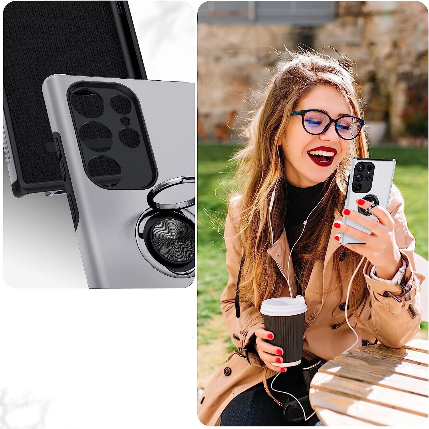 Husa pentru Samsung Galaxy S23 ULTRA, inel rotativ 360° si Kickstand, Protectie Militara Antisoc, cu disipare termica, Silver