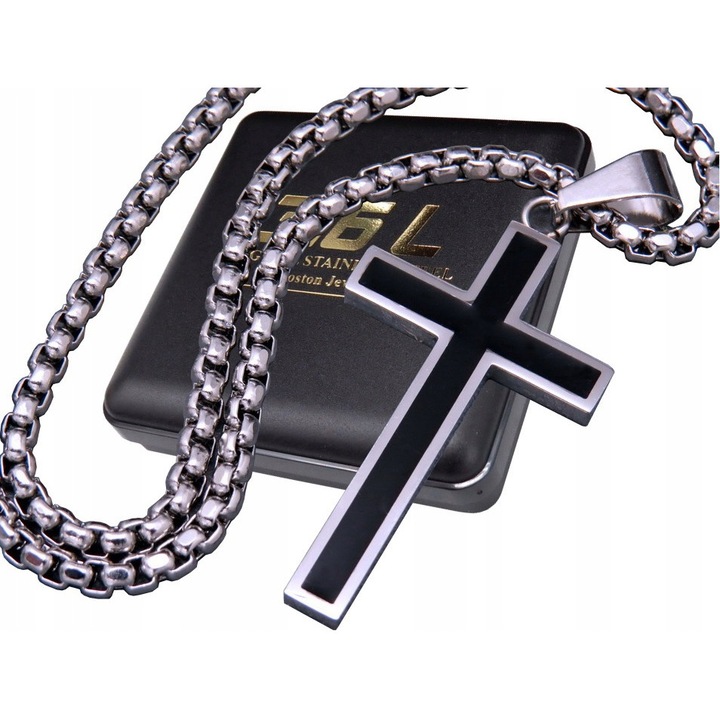 Set bijuterie barbati, Boston Jewellery, lant + cruce, inox 316L, argintiu/negru, 60cm