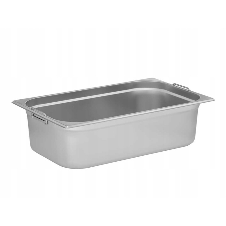 Tava gastronorm cu manere TECHNICA, GN 1/1, 530x325x100 mm 13 l, pentru depozitarea alimentelor, ideal pentru catering si restaurante stivuibila, compatibila cuptor si frigider, interval de temperatura de la -40 °C la 300 °C, inox