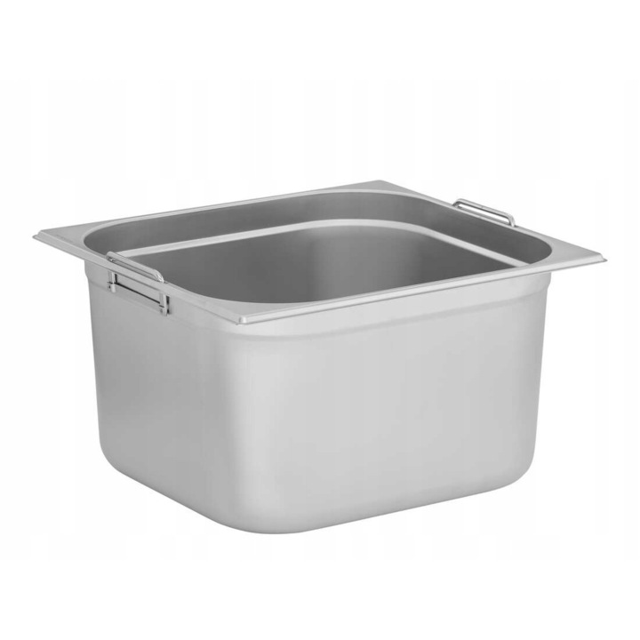 Tava gastronorm cu manere TECHNICA, GN 2/3, 354x325x200 mm 14 l, pentru depozitarea alimentelor, ideal pentru catering si restaurante stivuibila, compatibila cuptor si frigider, interval de temperatura de la -40 °C la 300 °C, inox