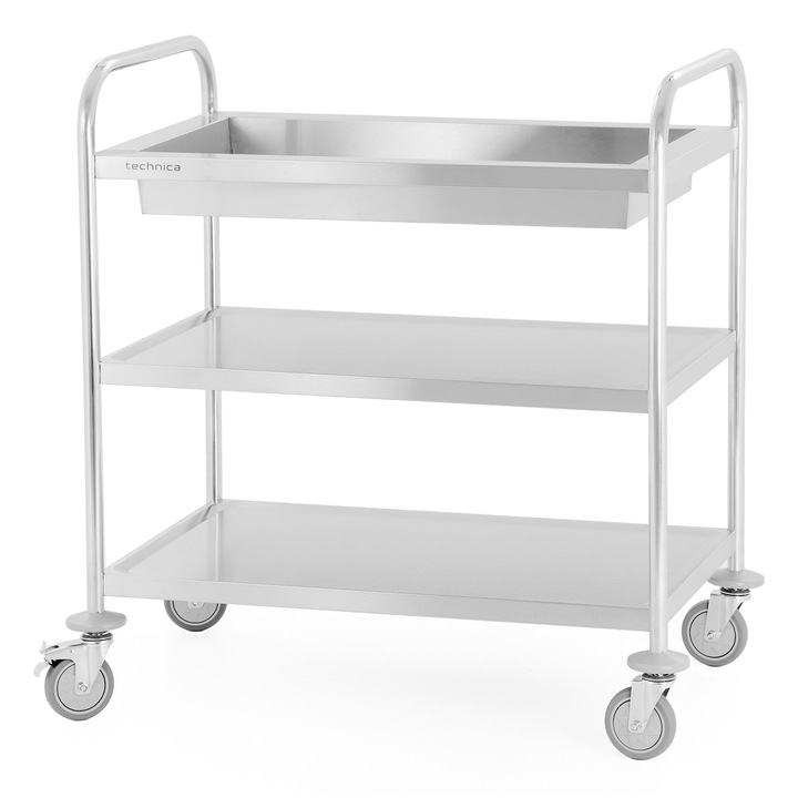 Carucior de servire cu 3 rafturi TECHNICA, otel inoxidabil, 86x54x94 cm, pentru gastronomie, sarcina maxima 225kg, cu 4 roti pivotante, inox