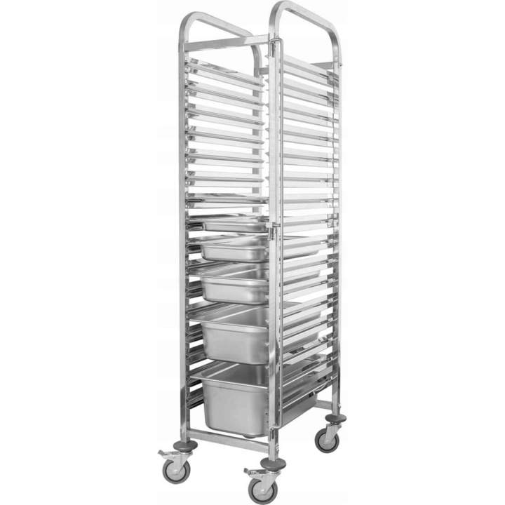Carucior pentru debarasare TECHNICA, cu 16 tavi GN 1/1, otel inoxidabil, 38x55x173,5 cm, pentru gastronomie, sarcina maxima 80kg, cu 4 roti pivotante, inox