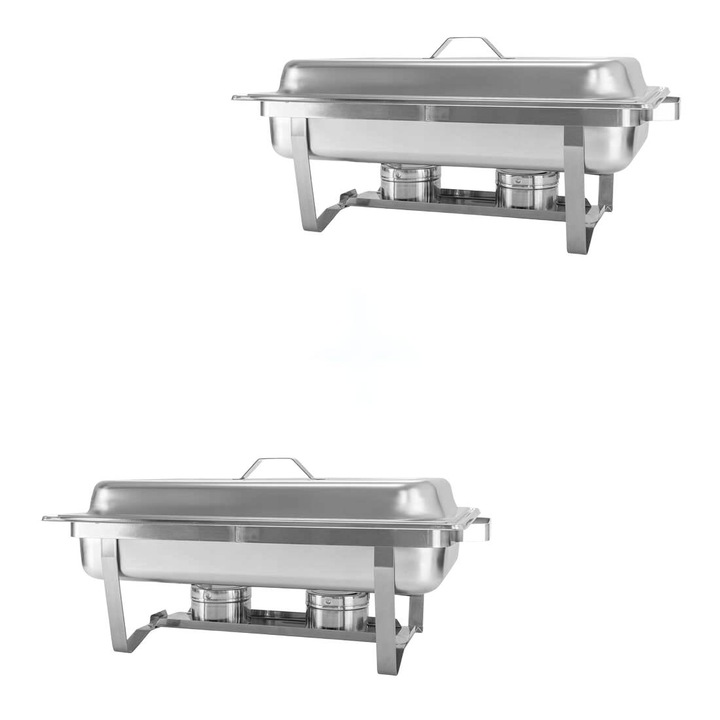 Set 2 buc Chafing dish cu capac, TECHNICA, servire bufet, gastronorm GN 1/1, 9 l, 60,5x37x24 cm, otel inoxidabil, dreptunghiular, suporti de combustibil, inox