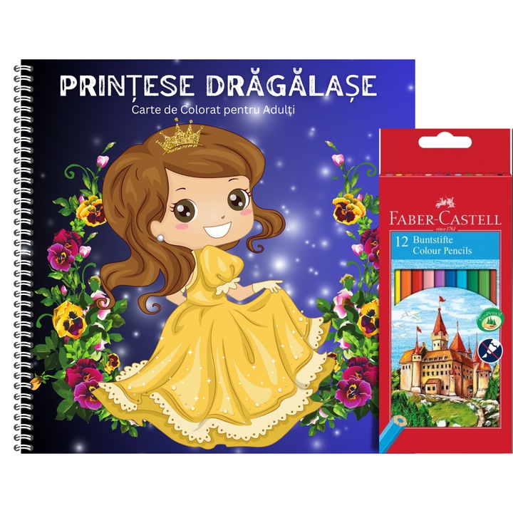 Carte de Colorat pentru Adulti, 50 de Mandale cu Printese Dragalase si Set 12 Creioane Colorate Faber Castell, 104 Pagini