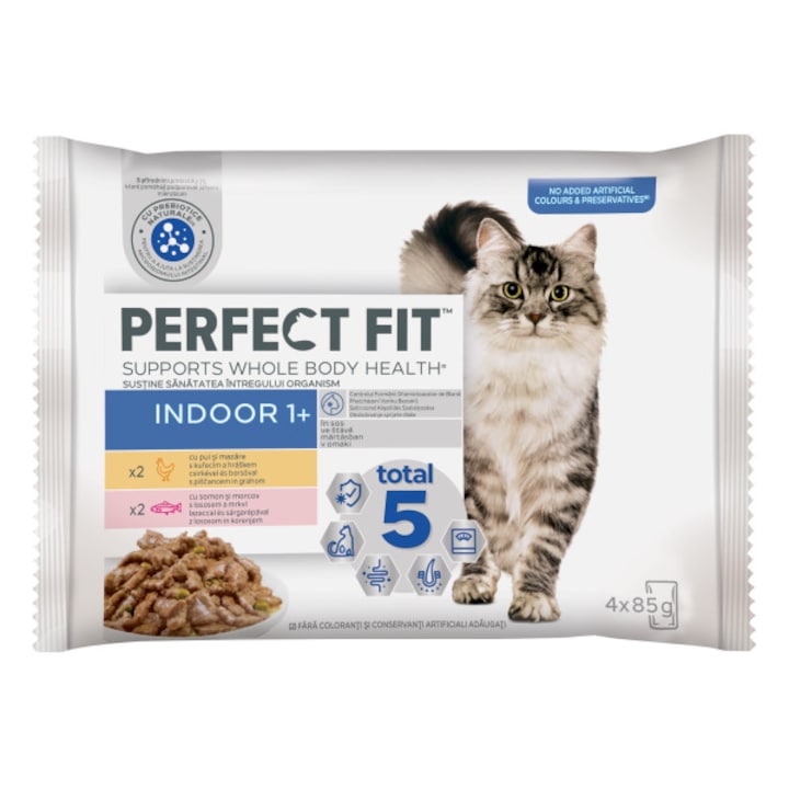 Hrana umeda pentru pisici Perfect Fit, Indoor, selectii de carne in sos, 4 x 85 g