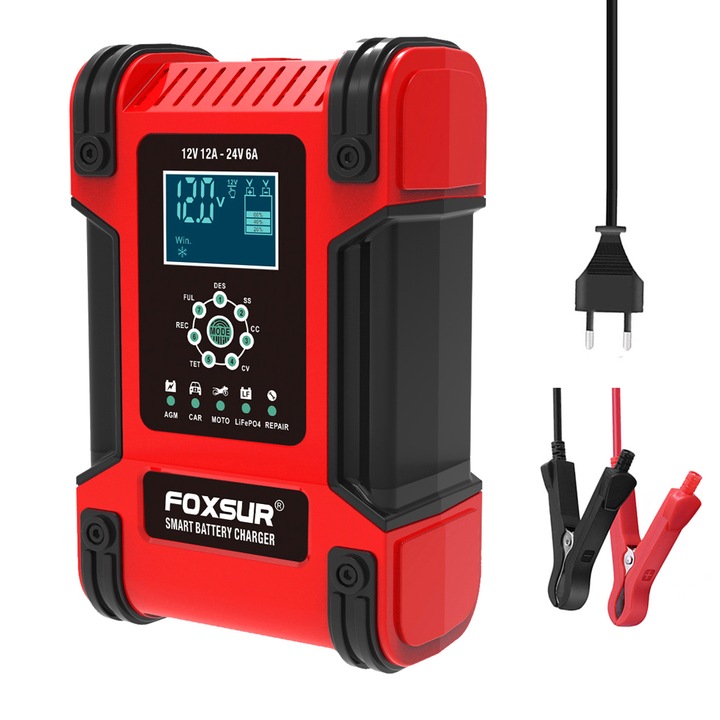 Redresor auto, Foxsur 12/24 V, Rosu