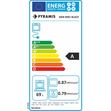 Cuptor electric incorporabil Pyramis 60IN 9001, 8 moduri de operare, clasa A, volum 69 litri, control mecanic, timer, easy clean, finisaj sticla neagra
