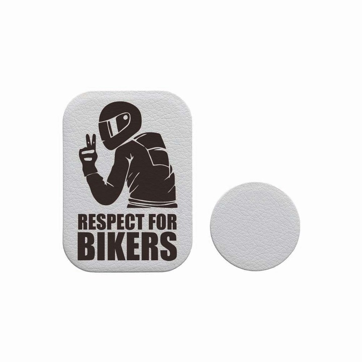 Set 2x Placuta Metalica Pentru Suport Auto Magnetic, Cu Adeziv, Suprafata piele sintetica, Respect For Bikers, P-PS10