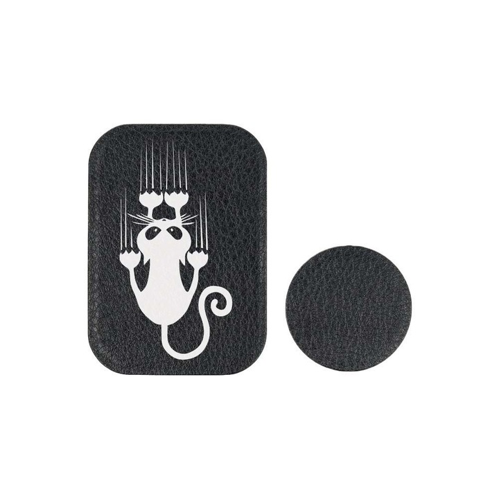 Set 2x Placuta Metalica Pentru Suport Auto Magnetic, Cu Adeziv, Suprafata piele sintetica, Pisica Neagra, P-PB39