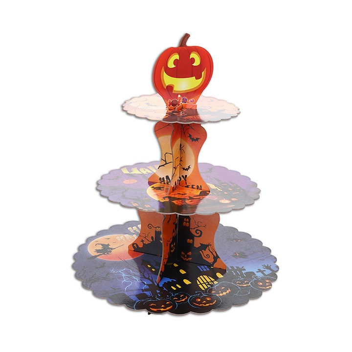 Suport pentru cupcakes cu 3 niveluri de Halloween, Kaxyrooz, Carton, 16/23/30x36.5 cm, Multicolor