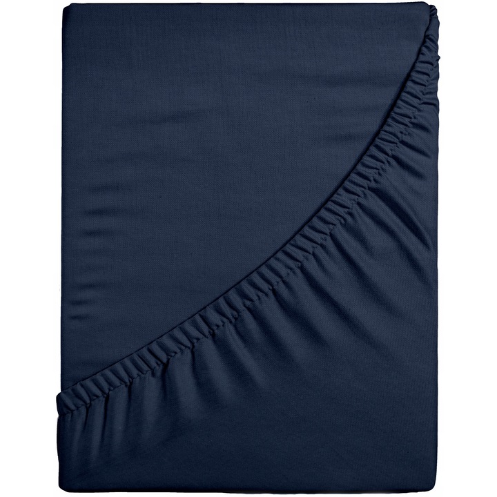 Cearsaf de pat cu elastic pentru saltea 180x200 cm albastru marin, Softimi, inaltime maxima 25 cm, 100% bumbac jerseu, 140g/m2, gros, cearceaf