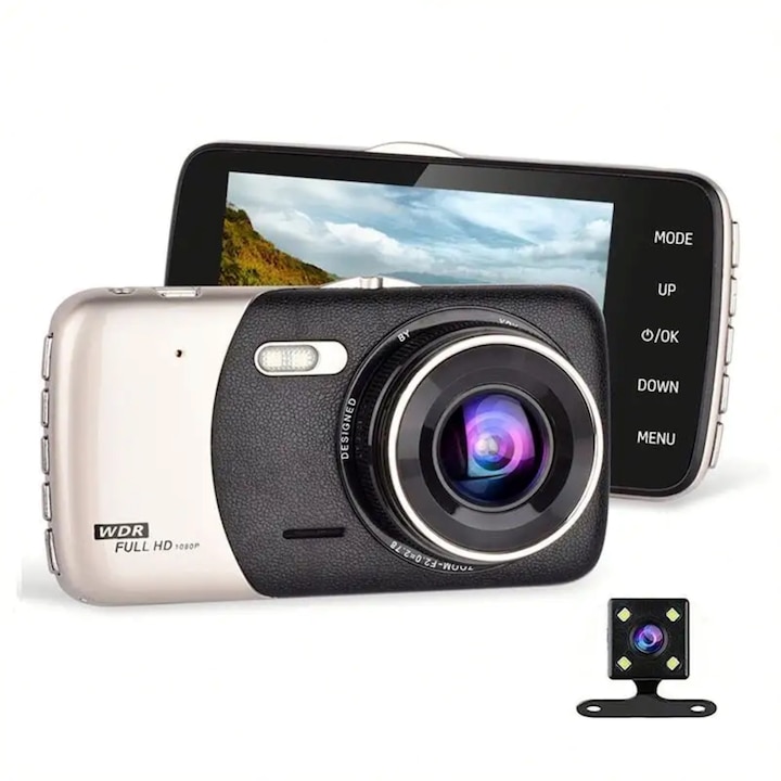 Kaiyuan T503 DVR камера за кола - Full HD, 2 камери, 1440P резолюция, нощен режим, G сензор, сиво / черно