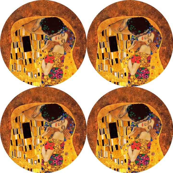 Set suport farfurie pentru masa, Bertoni, 4 bucati, Cu imprimeu, Kiss Klimt, 33 cm, rotund, Galben/Maro