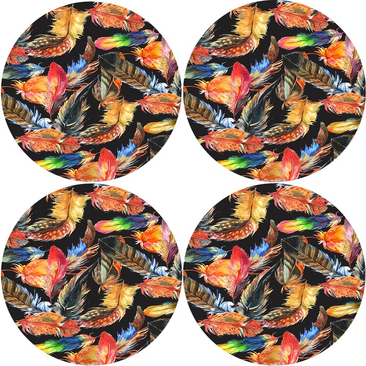 Set suport farfurie pentru masa, Bertoni, 4 bucati, Cu imprimeu, Plume, 33 cm, rotund, Multicolor