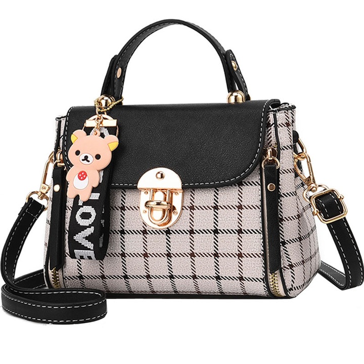 Дамска чанта през рамо, Crossbody Tote, Party Chili®, карирана, PU, висулка мече, 20,5 x 12 x, Черен, Единичен размер