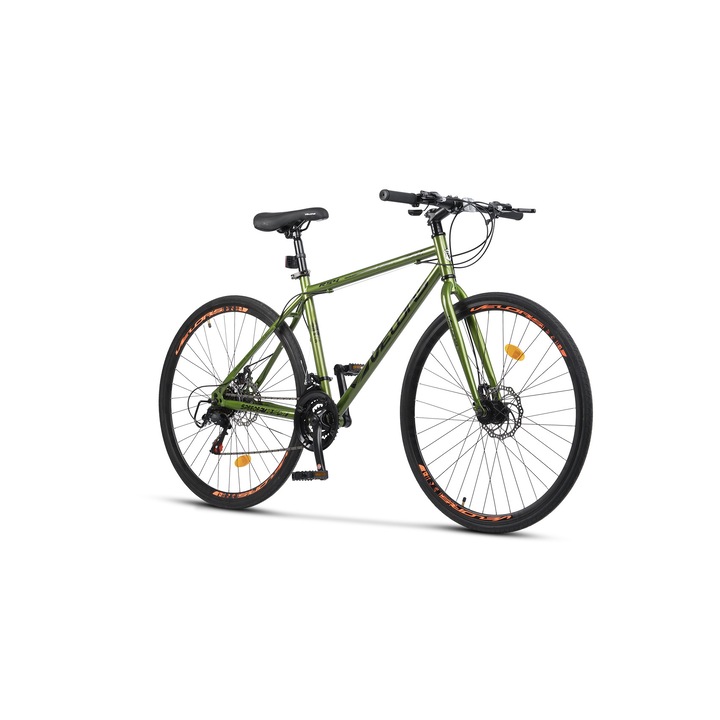 Велосипед, 28" колела, фиксирана вилка, дискови спирачки, последователни лостове, блестяща предавка, 21 скорости, зелен/черен, Стоманена рамка
