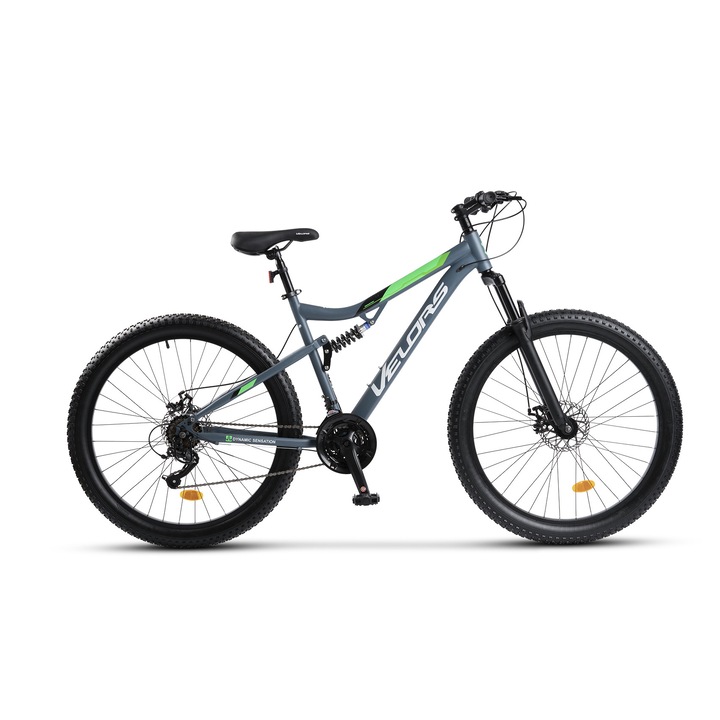 Teljes felfüggesztésű Velors MTB kerékpár V27304A, Index M50 váltókar, 21 sebesség, 27,5 x 3,0 hüvelykes kerekek, tárcsafékek, szürke/fehér/zöld