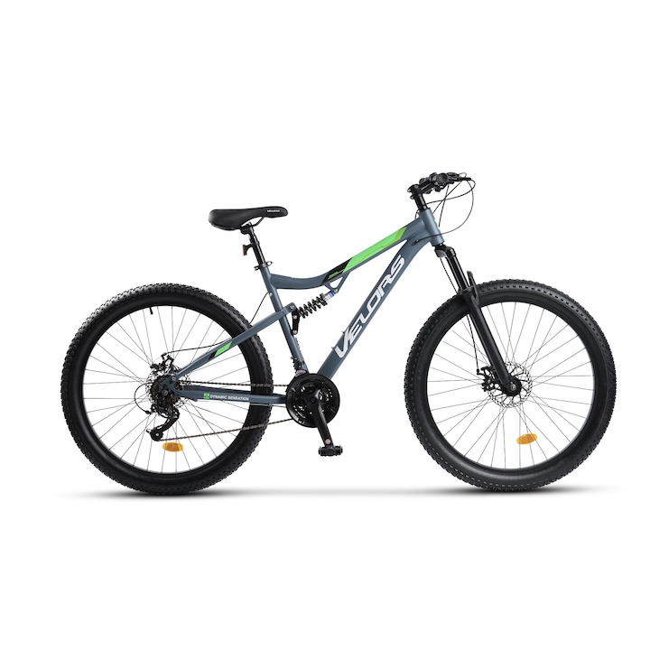 MTB велосипед с 27,5" колела, двойно окачване, последователни лостове, широки гуми 27,5x3,0, дискови спирачки, 21 скорости, сиво/бяло/зелено, планински велосипед Velors Genius Innovation с интегрирани кабели в рамката, поколение 2023