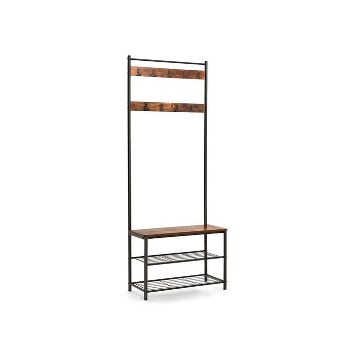 Cuier pentru haine cu banca, inaltime 175 cm, stil industrial, Nuc/Negru