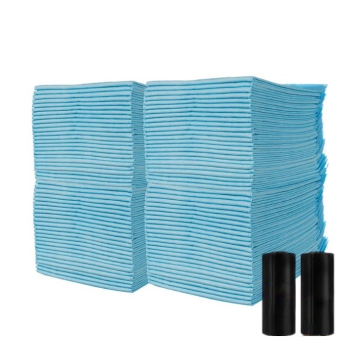 Set 100 Covorase Absorbante Igienice pentru Caini, cu Margini Sigilate pentru a Preveni Scurgerile de Lichid, Albastru/Alb, Marimea 60 x 40 cm + 2 Saci Menajeri pentru Fecale