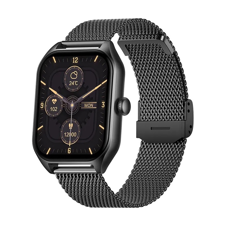 Часовник Smartwatch SolMi H40, работещ с приложение Da Fit, за спорт и ежедневие, Bluetooth разговори, 1.85" цветен дисплей, Метален корпус, Водоустойчив IP67, Черен металик