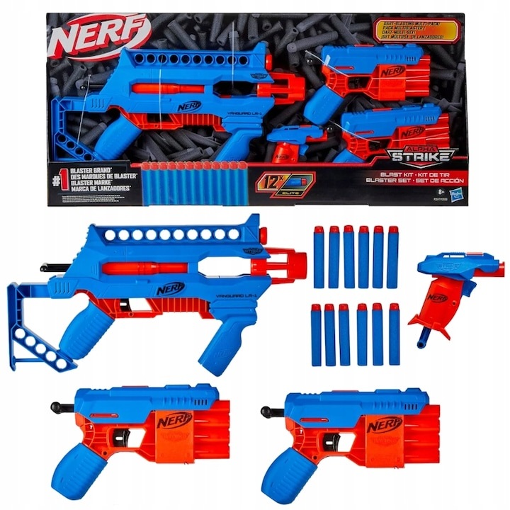 Set de 4 pistoale si 12 sageti, Hasbro, Nerf Alfa Strike, Albastru/Rosu
