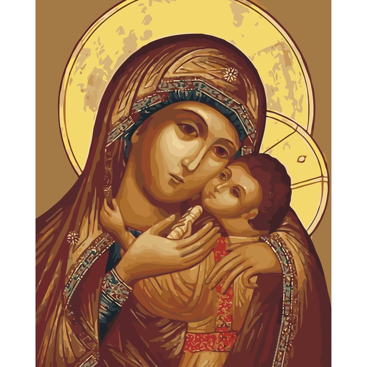 Картина за рисуване по номера Богородица с Младенеца 3569, памучно платно върху дървена рамка, 80х100 см, картина по скица, 3 четки и акрилна боя
