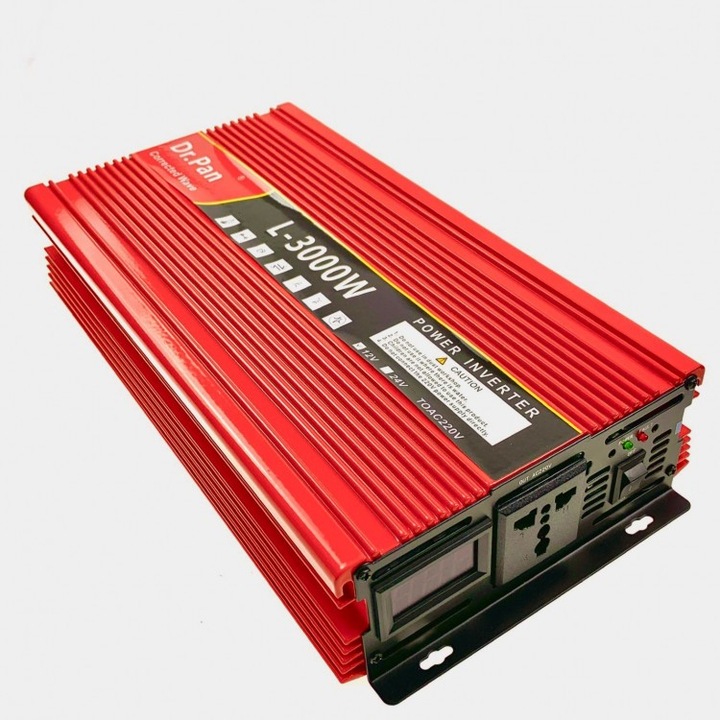 Мощностен инвертор от 12V на 220V с интелигентен охлаждащ вентилатор, мощност 3000 W, червен цвят