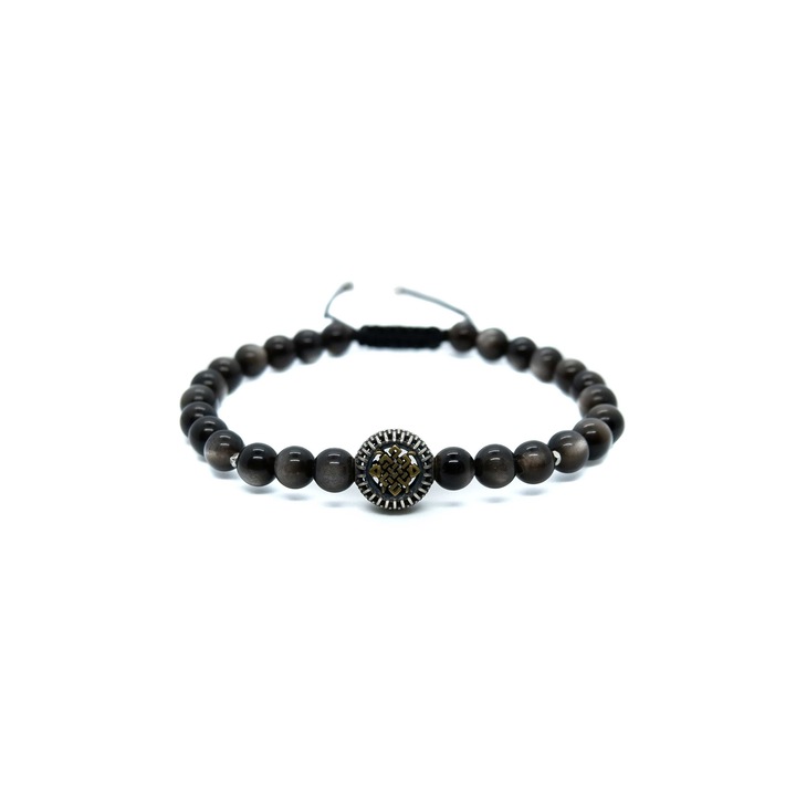 Férfi karkötő természetes ezüst Obszidián és 925 Ezüst, szerencseszimbólum, állítható zsinór