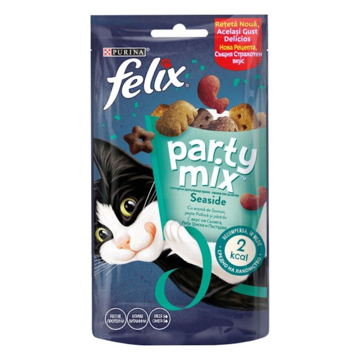 Лакомство за котка, PURINA FELIX PARTY MIX Ocean Mix, допълваща храна – с аромат на сьомга, полок и пъстърва, 60g