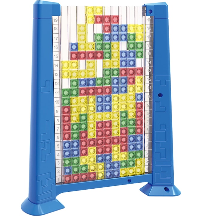Intelligencia játék Tetris puzzle tangram Flippy, 70 db tarka, 3D, montessori, interaktív, műanyag, dobókockával, darabos tárolótáska, 6+ kor, 23 x 19,8 x 5 cm, kék keret