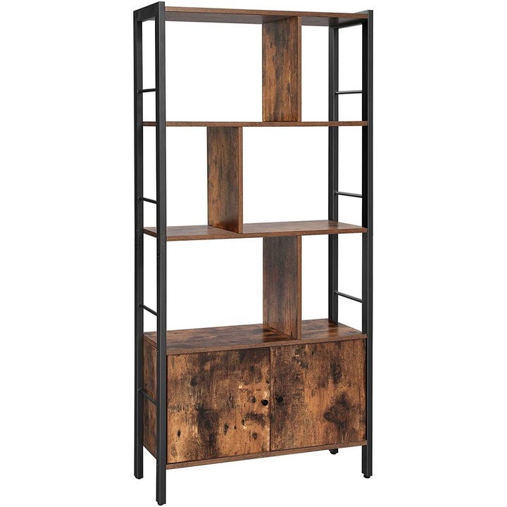 VASAGLE Biblioteca cu 4 rafturi si dulap inferior cu 2 usi, stil industrial, 74x30x155cm, maro rustic